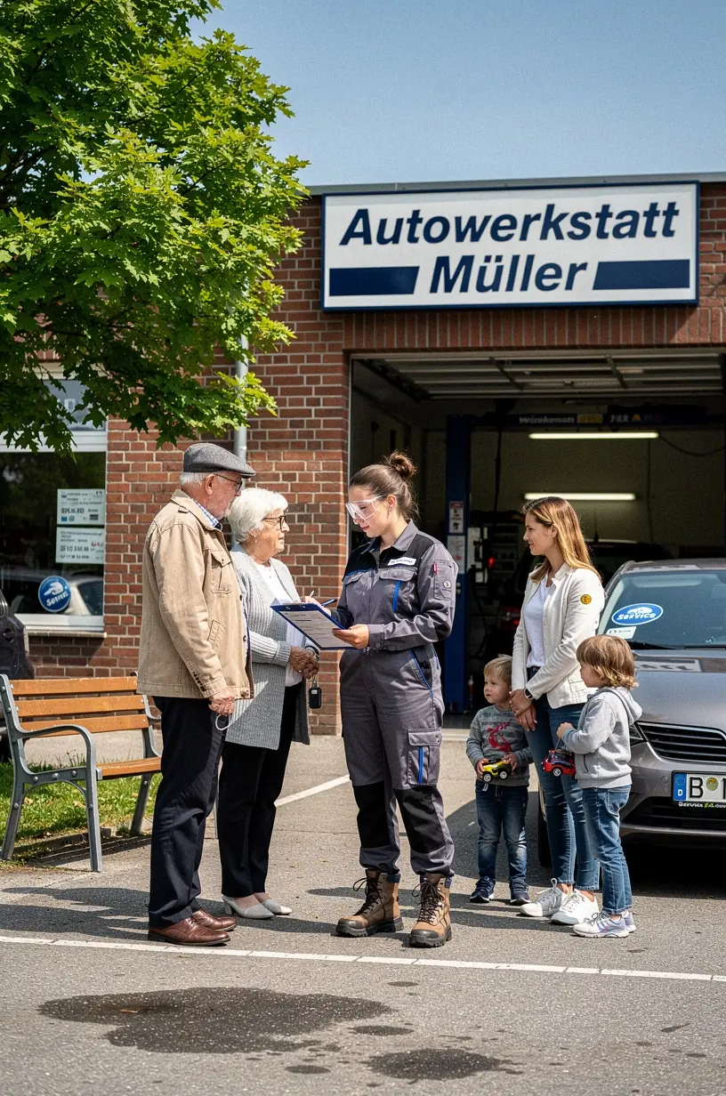 Techniker kontrolliert Bremsbeläge in moderner Autowerkstatt in Deutschland
